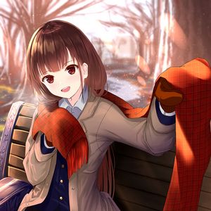 Preview wallpaper girl, smile, scarf, autumn, anime, art, cartoon