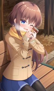 Preview wallpaper girl, smile, scarf, autumn, anime