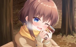 Preview wallpaper girl, smile, scarf, autumn, anime