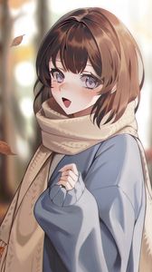 Preview wallpaper girl, smile, scarf, leaves, autumn, anime