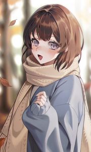Preview wallpaper girl, smile, scarf, leaves, autumn, anime