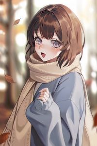 Preview wallpaper girl, smile, scarf, leaves, autumn, anime