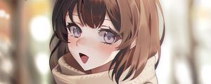 Preview wallpaper girl, smile, scarf, leaves, autumn, anime