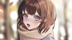 Preview wallpaper girl, smile, scarf, leaves, autumn, anime