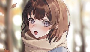 Preview wallpaper girl, smile, scarf, leaves, autumn, anime