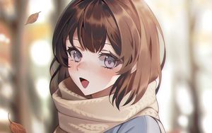 Preview wallpaper girl, smile, scarf, leaves, autumn, anime