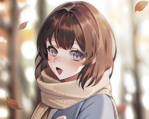 Preview wallpaper girl, smile, scarf, leaves, autumn, anime