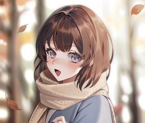 Preview wallpaper girl, smile, scarf, leaves, autumn, anime