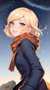 Preview wallpaper girl, smile, scarf, coat, snow, anime