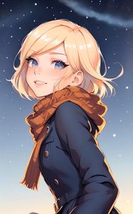 Preview wallpaper girl, smile, scarf, coat, snow, anime