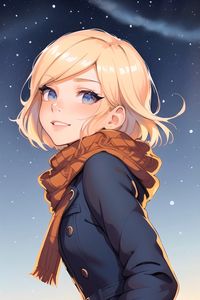 Preview wallpaper girl, smile, scarf, coat, snow, anime