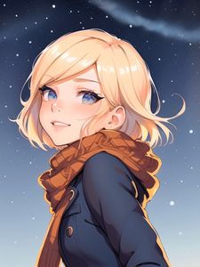 Preview wallpaper girl, smile, scarf, coat, snow, anime