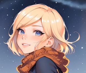 Preview wallpaper girl, smile, scarf, coat, snow, anime