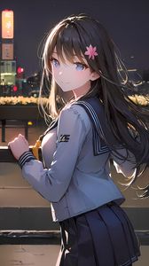 Preview wallpaper girl, smile, school uniform, hairpin, light, anime