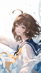 Preview wallpaper girl, smile, school uniform, hairpin, waves, water, anime