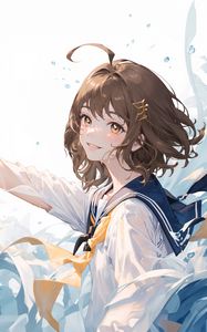 Preview wallpaper girl, smile, school uniform, hairpin, waves, water, anime