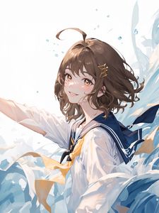 Preview wallpaper girl, smile, school uniform, hairpin, waves, water, anime