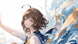 Preview wallpaper girl, smile, school uniform, hairpin, waves, water, anime