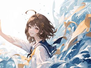 Preview wallpaper girl, smile, school uniform, hairpin, waves, water, anime