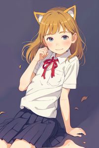 Preview wallpaper girl, smile, schoolgirl, ears, gesture, pose, anime