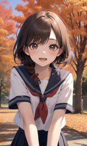 Preview wallpaper girl, smile, schoolgirl, trees, autumn, anime
