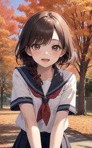 Preview wallpaper girl, smile, schoolgirl, trees, autumn, anime