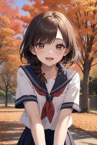 Preview wallpaper girl, smile, schoolgirl, trees, autumn, anime