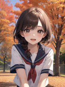 Preview wallpaper girl, smile, schoolgirl, trees, autumn, anime
