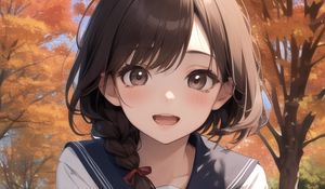 Preview wallpaper girl, smile, schoolgirl, trees, autumn, anime