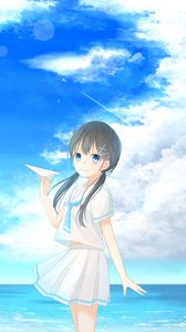 Preview wallpaper girl, smile, sea, airplane, anime, art, cartoon