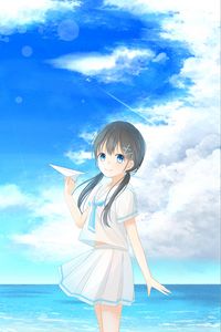 Preview wallpaper girl, smile, sea, airplane, anime, art, cartoon