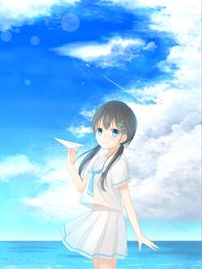 Preview wallpaper girl, smile, sea, airplane, anime, art, cartoon