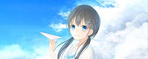 Preview wallpaper girl, smile, sea, airplane, anime, art, cartoon