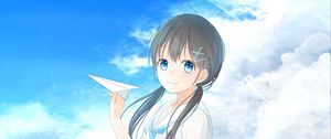 Preview wallpaper girl, smile, sea, airplane, anime, art, cartoon