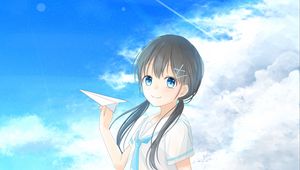 Preview wallpaper girl, smile, sea, airplane, anime, art, cartoon