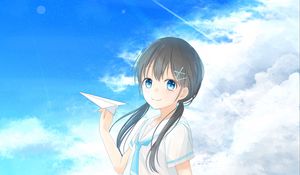 Preview wallpaper girl, smile, sea, airplane, anime, art, cartoon