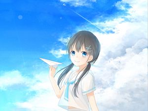 Preview wallpaper girl, smile, sea, airplane, anime, art, cartoon