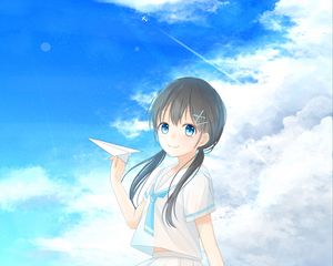 Preview wallpaper girl, smile, sea, airplane, anime, art, cartoon