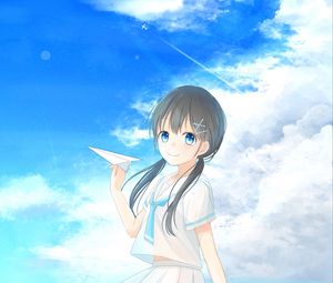 Preview wallpaper girl, smile, sea, airplane, anime, art, cartoon