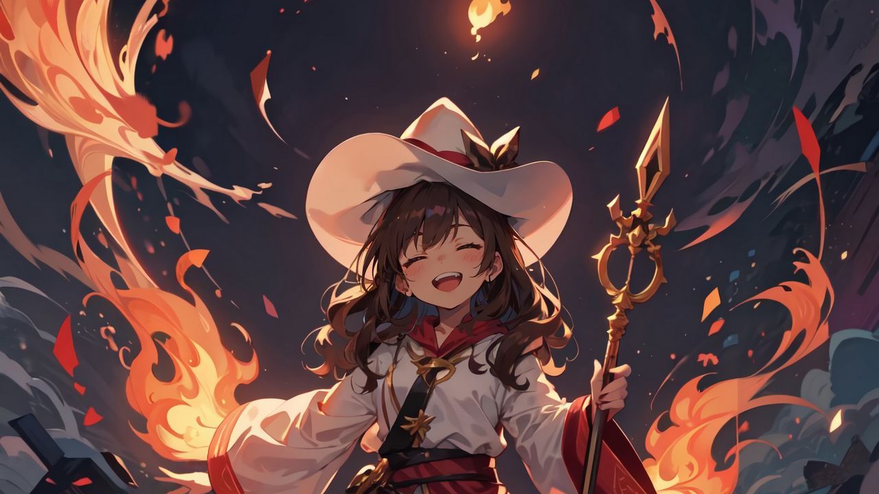 Wallpaper girl, smile, staff, magic, fire, anime