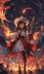 Preview wallpaper girl, smile, staff, magic, fire, anime