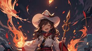 Preview wallpaper girl, smile, staff, magic, fire, anime