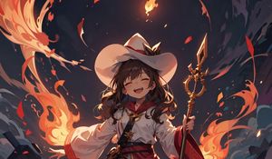 Preview wallpaper girl, smile, staff, magic, fire, anime