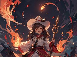 Preview wallpaper girl, smile, staff, magic, fire, anime