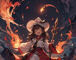 Preview wallpaper girl, smile, staff, magic, fire, anime