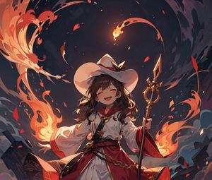 Preview wallpaper girl, smile, staff, magic, fire, anime