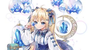 Preview wallpaper girl, smile, star, crystals, anime, blue