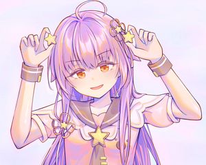 Preview wallpaper girl, smile, stars, anime, art, purple