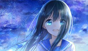 Preview wallpaper girl, smile, stars, anime, art, blue