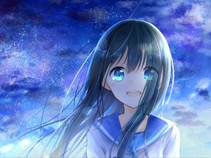 Preview wallpaper girl, smile, stars, anime, art, blue